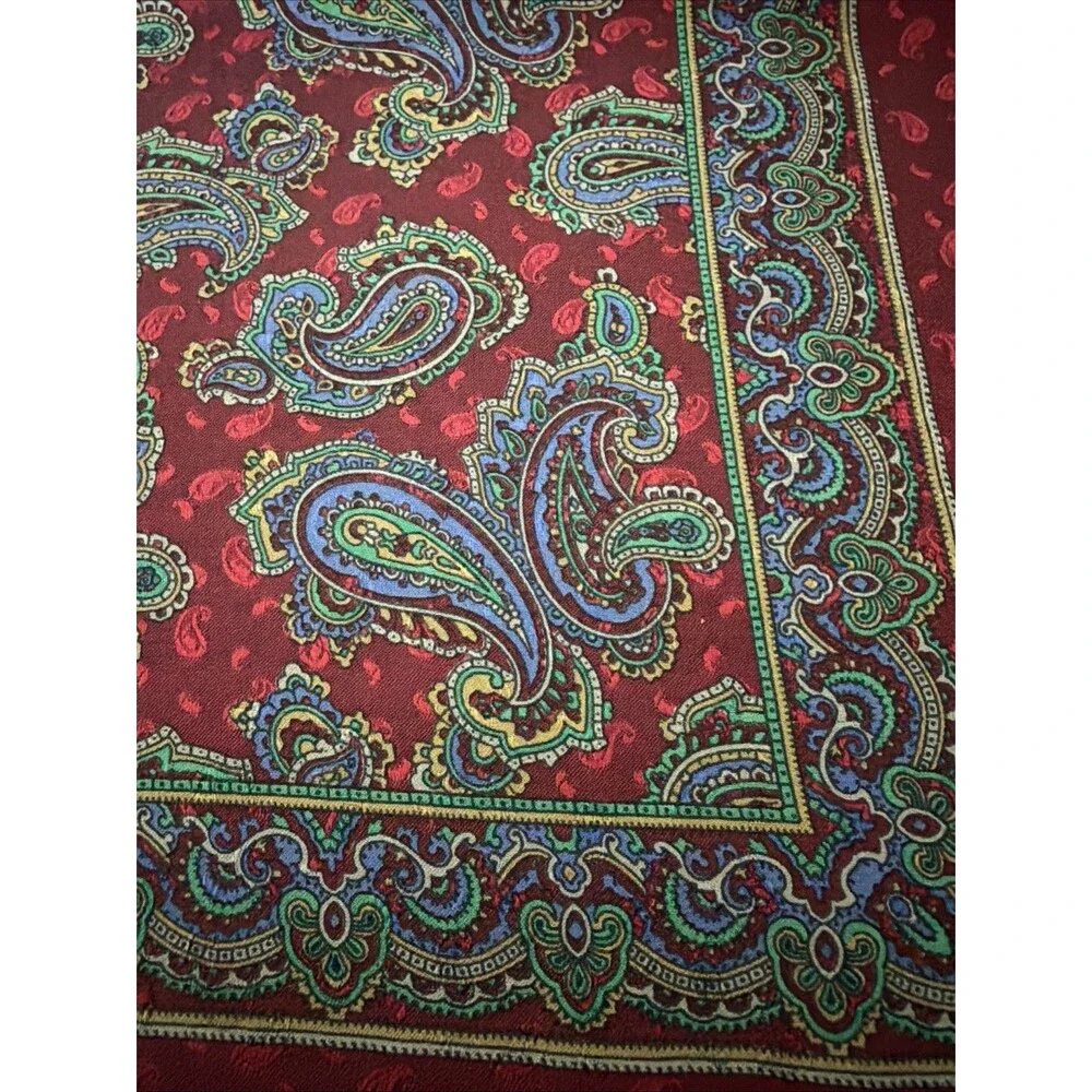Vintage Silk Paisley Pocket Square Scarf Made in Italy Burgundy Blue Green 16x16